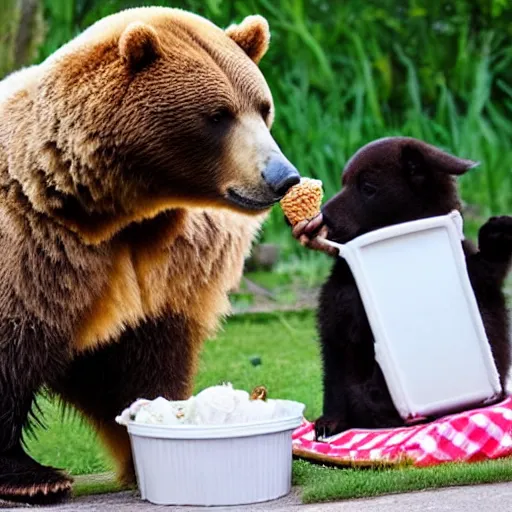 Prompt: a cool bear handing ice cream out to needy puppies