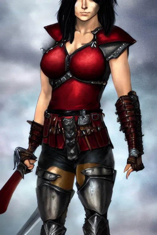 Image similar to realistic character portrait : female warrior, 2 7 years old. her face resembles jaimie alexander. her hair is short, straight, and raven black. she is fair - complected but tan. she is tall and gracile, except for her thick muscular arms and her ample bust. she wears sleeveless red & black practical leather armor with golden highlights that leaves only her muscular arms exposed.