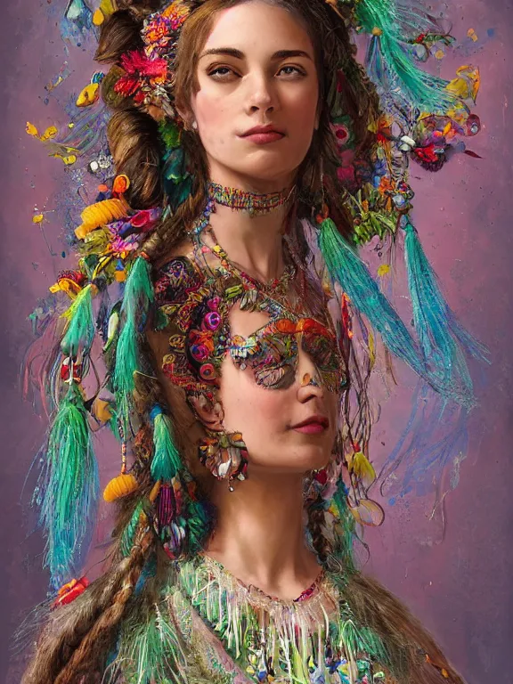 Image similar to beautiful portrait of a mediterranean female wearing fantastic Hand-dyed cotton dress, embellished beaded feather decorative fringe knots ,colorful pigtail,subtropical flowers and plants,symmetrical face,intricate,elegant, highly detailed, 8k,post-processing,digital painting, trending on artstation, concept art, sharp focus, illustration, by artgerm,Tom Bagshaw,Daniel Gerhartz,Albert Aublet,Lawrence Alma-Tadema