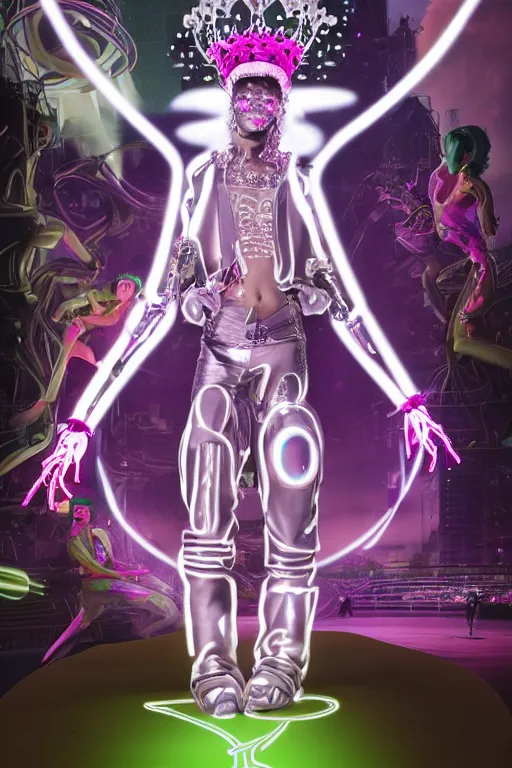 Image similar to full-body rococo and cyberpunk style neon statue of a young attractive futbolero macho dotado e rico android sim roupa reclining con las piernas abertas e la piroca dura, glowing white laser eyes, prince crown of pink gears, diamonds, swirling silver-colored silk fabric. futuristic elements. full-length view. space robots. human skulls. intricate artwork by caravaggio. Trending on artstation, octane render, cinematic lighting from the right, hyper realism, octane render, 8k, depth of field, 3D