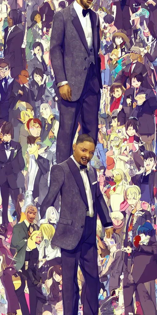 Image similar to will smith wearing luxury suits as a gacha game rare character, full body, cartoon, anime, trending in pixiv, cool color pattern