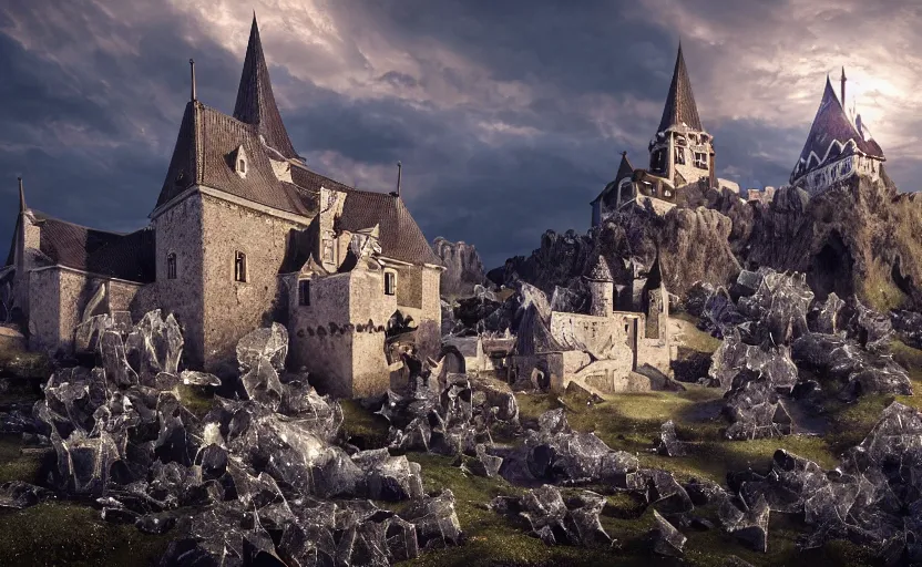Image similar to medieval baroque castle made of crystal shards, epic landscape, iceland photography, cinematic, octane render, 8 k, art station, dramatic lighting, beautiful dusk sky, concept art, rococo, photo realistic, intense detail