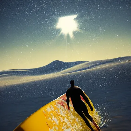 Image similar to man surfing a yellow surfboard down a snowy mountain, high quality digital art, unreal engine, cinematic lighting