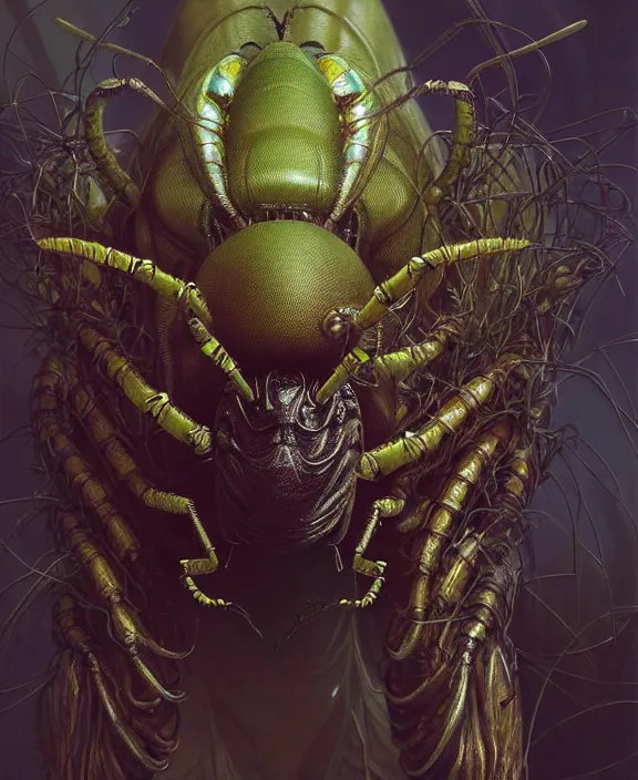 Image similar to intricate portrait of a scary alien insect creature, adorable, childlike, overgrown environment, ultra realistic, concept art, maximalist, photorealistic, octane render, 8 k, unreal engine. art by christopher marley and artgerm and greg rutkowski and alphonse mucha