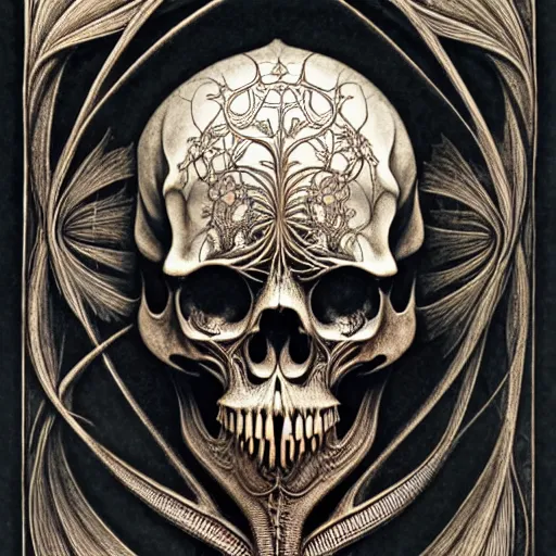 Image similar to art forms of nature by ernst haeckel, memento mori by arthur rackham, ornate antique porcelain beautiful skull mask, ultrasharp, photorealistic, hyperdetailed, octane render, polished, art nouveau, neo - gothic, gothic, intricate ornamental organic filigree, art nouveau botanicals, art forms of nature by ernst haeckel, horizontal symmetry, symbolist, visionary