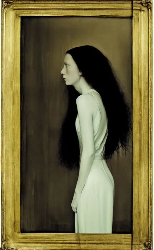 Prompt: portrait of a girl with long red hair, very beautiful style, girl standing in a black room by a window, wearing a gold suit, photorealism, andrei tarkovsky deborah lou turbeville,