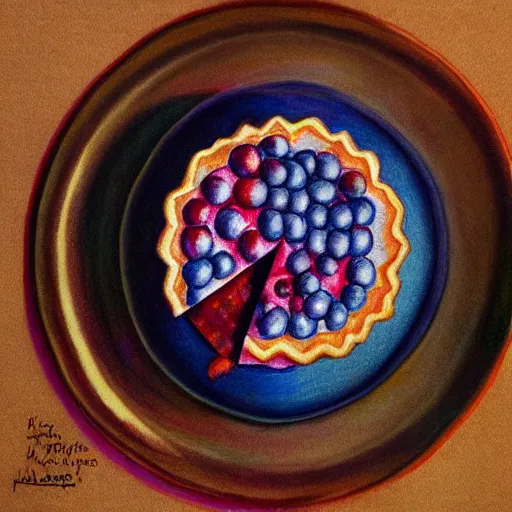 Image similar to Colored pencil art on paper, Blueberry pie slice on a plate, highly detailed, artstation, MasterPiece, Award-Winning, Caran d'Ache Luminance