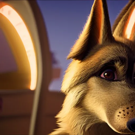 Prompt: a film still from zootopia main character portrait anthro anthropomorphic german shepard head animal person fursona pixar and disney animation, sharp, rendered in unreal engine 5, anime key art by greg rutkowski, bloom, dramatic lighting