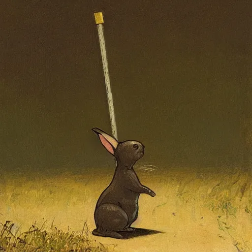 Prompt: a rabbit using a metal detector, in the style of ilya repin