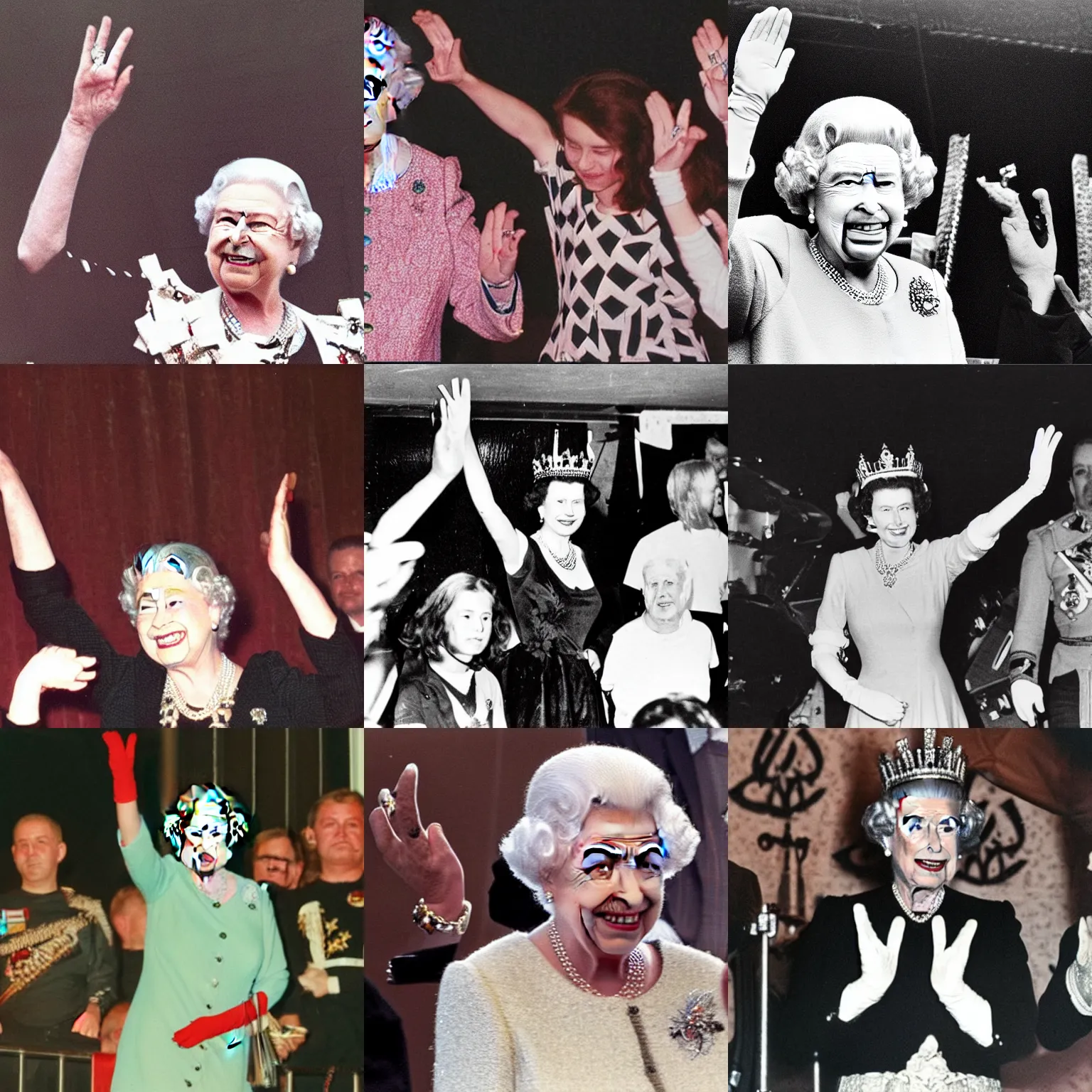 Prompt: Queen Elizabeth at a metal gig raising her hands doing the metal horns symbol 🤘