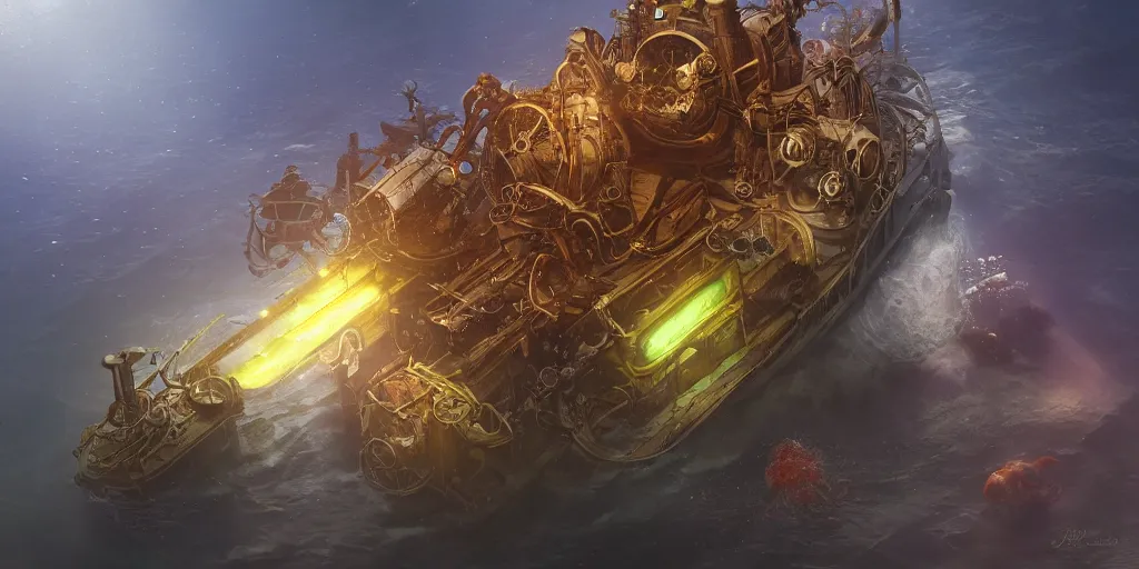 Prompt: james paick - an underwater steampunk craft escapes a kraken, volitile, vibrant, 3 5 mm lens, game creature and environment design, behance hd, dramatic lighting, cinematic, global illumination, deviant art, trending on artstation, bloom