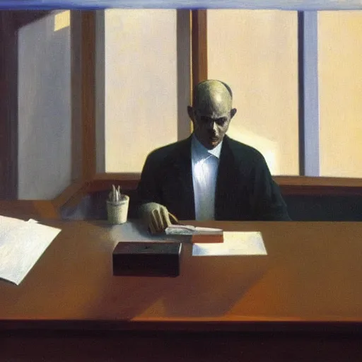 Prompt: a surreal figure sitting at his desk in an office, in a nightmare, by Edward Hopper, highly detailed,