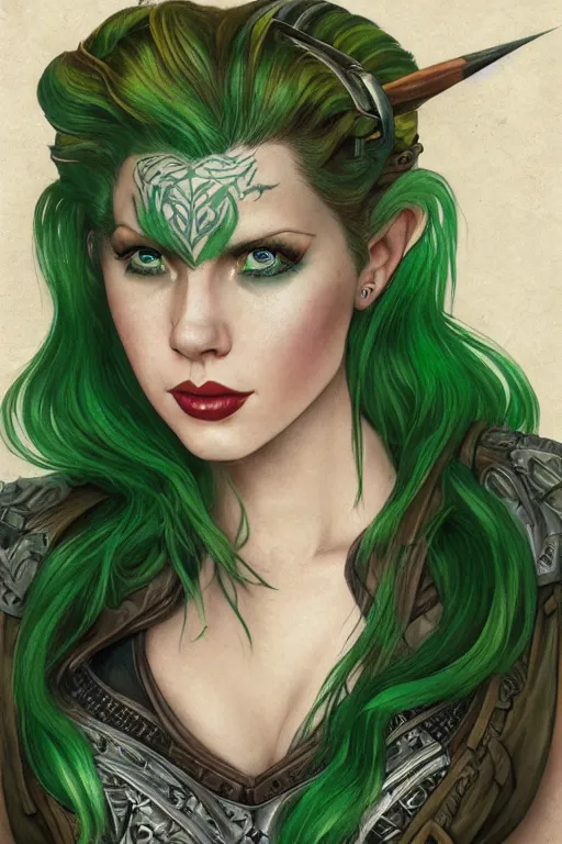 Image similar to green hair tattooed pinup hannah murray, rogue bard, feathers, baldurs gate, diablo, dnd, hulking, herculean, deep focus, turnaround, fantasy, intricate, elegant, highly detailed, digital painting, artstation, concept art, matte, sharp focus, illustration, hearthstone, art by artgerm and greg rutkowski and alphonse mucha.