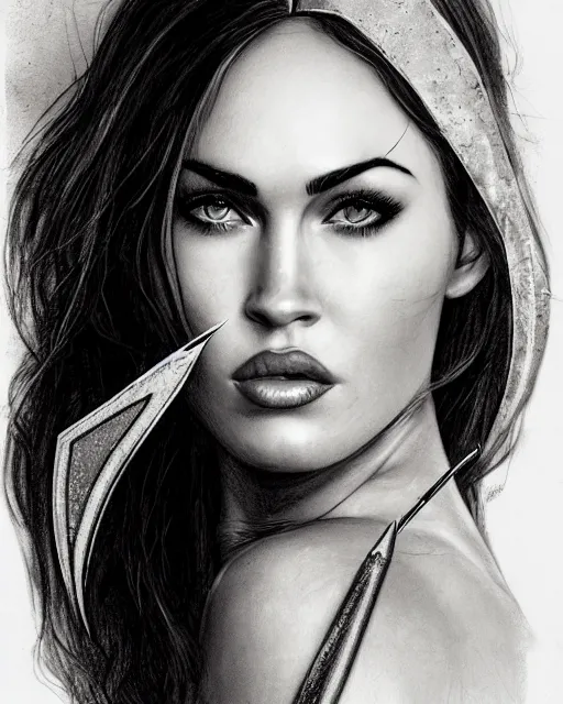 Image similar to portrait of beautiful megan fox as greek goddess aphrodite, archer, arrow on the head, beautiful piercing eyes, flowing blonde hair, realistic face, black and white drawing, in the style of greg rutkowski, fantasy, amazing detail, epic, intricate, elegant, smooth, sharp focus