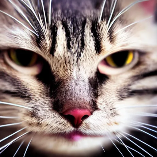 Prompt: an extreme close-up of an angry cat