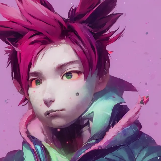 Image similar to a beautiful headshot portrait of a cute anime male boy with pink hair and pink wolf ears and green eyes wearing cyberpunk clothes. character design by cory loftis, fenghua zhong, ryohei hase, ismail inceoglu and ruan jia. artstation, volumetric light, detailed, photorealistic, fantasy, rendered in octane