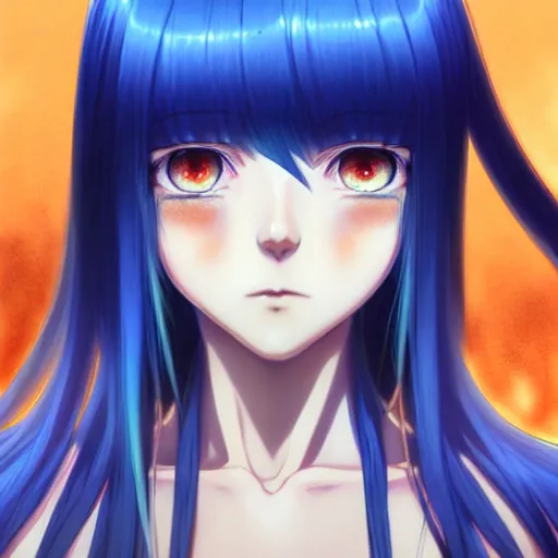 Image similar to attractive long blue - haired girl with bangs gothic anime character with / amber eye color gold / fantasy, screenshot, anime, sharp focus, intricate, illustration, cell shaded, digital painting, highly detailed, concept art, art by ilya kuvshinov and kyoto animation and wlop, and greg rutkowski, studio quality, james jean, artem demura