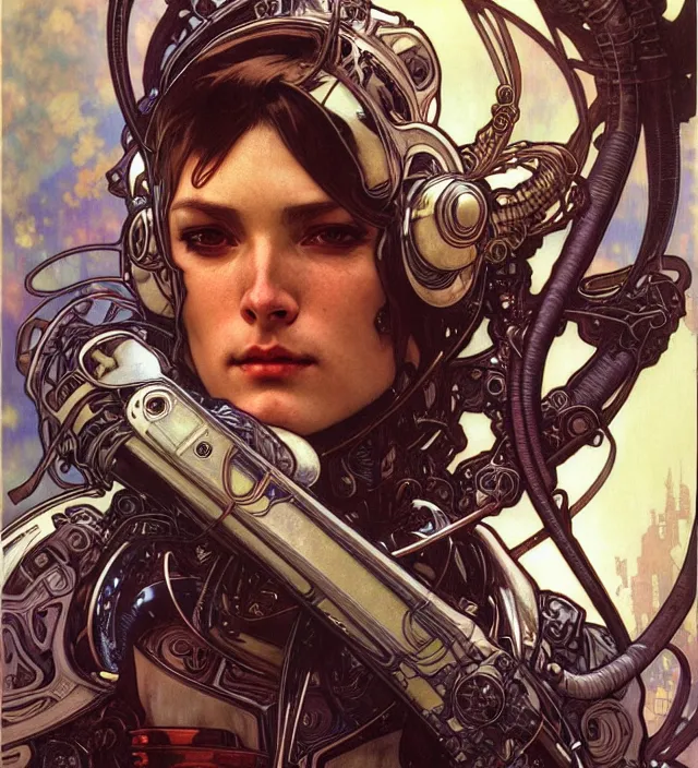 Prompt: realistic detailed face portrait of a handsome futuristic captain in alien cyberpunk armor by alphonse mucha, ayami kojima, amano, greg hildebrandt, and mark brooks, female, feminine, art nouveau, cyberpunk, neo - gothic, gothic, masterpiece artwork, character concept design,