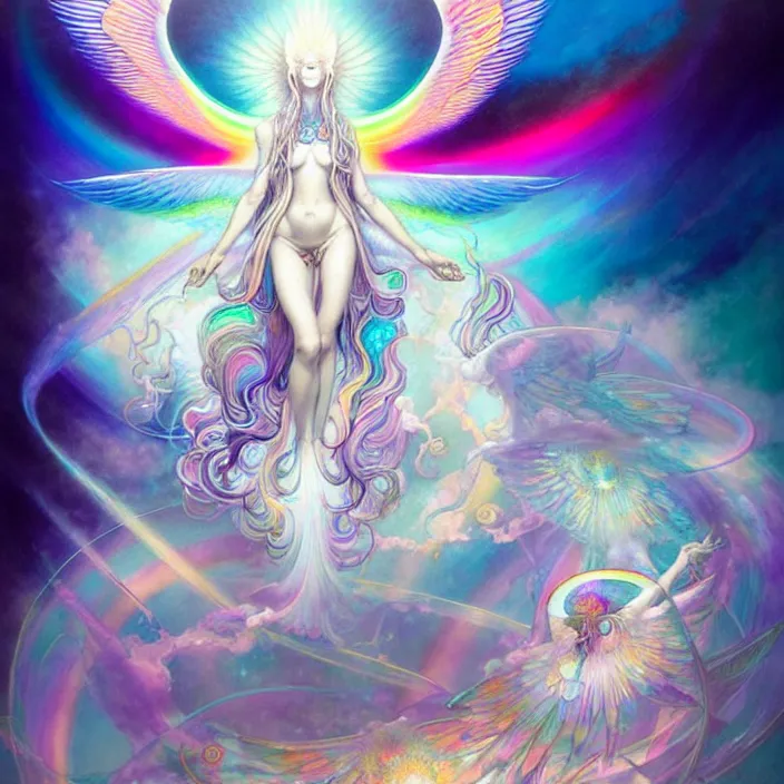 Image similar to psychedelic angelic celestial being by yoshitaka amano, and peter mohrbacher, ayahuasca, sacred geometry, esoteric art, rainbow colors