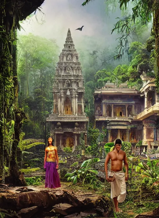 Image similar to 8 k concept art from a hindu temple lost in the jungle by david mattingly and samuel araya and michael whelan and dave mckean and richard corben. realistic matte painting with photorealistic hdr volumetric lighting. composition and layout inspired by gregory crewdson.