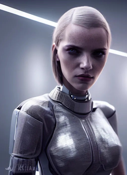 Image similar to 3 / 4 portrait, emma bot queen, futuristic fashion clothing, bio enhanced, brunette, long hair, id magazine, hyperrealism, detailed textures, photorealistic, 3 d cyberpunk apocalyptic city, ultra realistic, cinematic, intricate, cinematic light, unreal engine 8 k, octane render, unreal engine, david kostic, artgerm