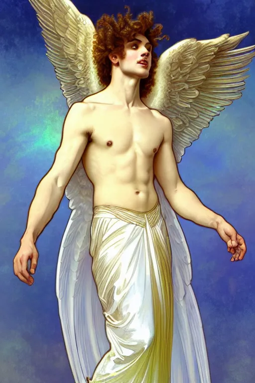 Prompt: fullbody portrait of a beautiful young fit male angel with curly blond hairs, soft smile, closed eyes, blessing palm, dressed in long fluent skirt, majestic symmetrical eagle wings, luminous halo, by greg rutkowski and alphonse mucha, gradient white to gold, in front of an iridescent background, highly detailed portrait, digital painting, smooth, sharp focus illustration