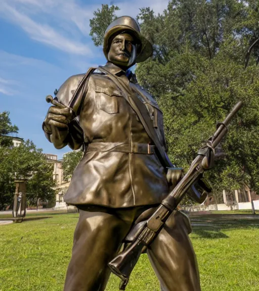 Prompt: a 4 k photorealistic photo medium shot waist up of a bronze statue of an american soldier with a rifle across his chest in a park