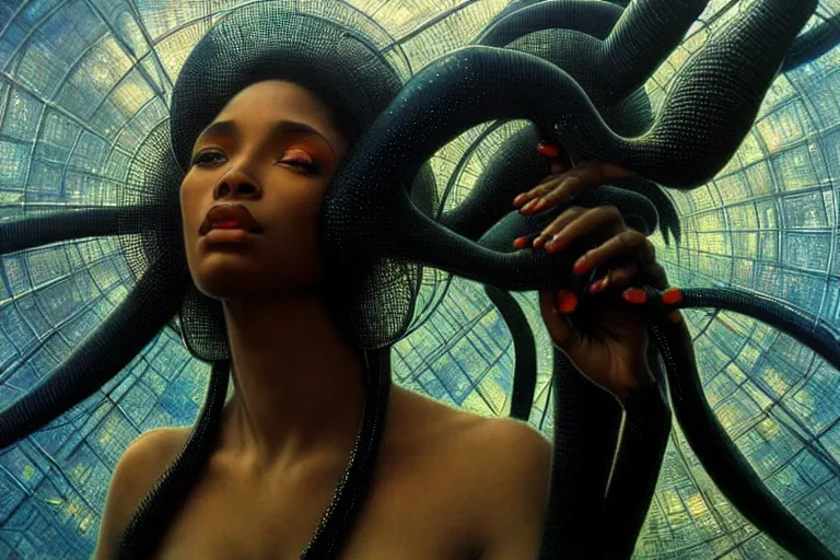 Prompt: realistic detailed portrait movie shot of a beautiful black woman in a transparent sheer suit raincoat dancing with a giant spider, futuristic sci fi landscape background by denis villeneuve, jean delville, monia merlo, ernst haeckel, alphonse mucha, max ernst, caravaggio, roger dean, sci fi necklace, masterpiece, dreamy, rich moody colours