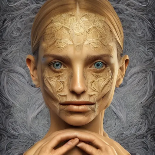 Prompt: beatifull frontal face portrait of a woman, 150 mm, anatomical, flesh, flowers, mandelbrot fractal, facial muscles, veins, arteries, symmetric, intricate, golden ratio, full frame, microscopic, elegant, highly detailed, ornate, ornament, sculpture, elegant , luxury, beautifully lit, ray trace, octane render in the style of Trevor brown , robert Mapplethorpe and Cindy sherman