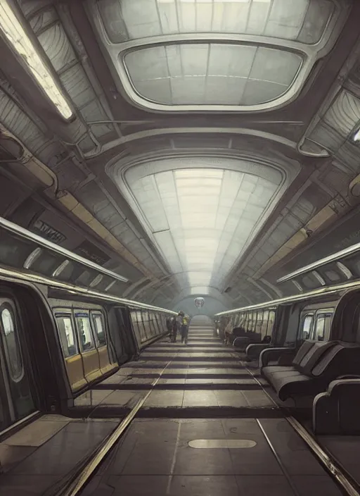 Image similar to perfectly - centered - drawing of empty subway train, intricate, highly detailed, digital painting, artstation, concept art, smooth, sharp focus, illustration, unreal engine 5, 8 k, art by artgerm and greg rutkowski and alphonse mucha