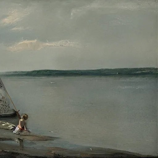 Image similar to a young woman wearing a white dress on a Swedish beach, a small rowboat is visible, in the style of zorn