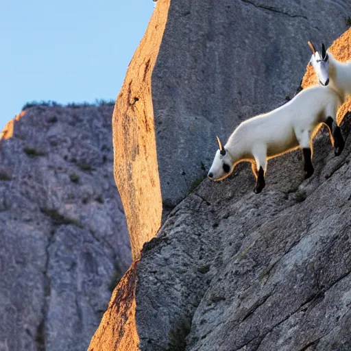 Prompt: mountain goats climbing the side of a skyscraper, photo, golden hour, detailed, 4k