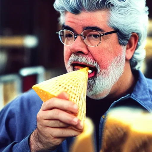 Image similar to george lucas eating a cone of cheese flavored ice cream