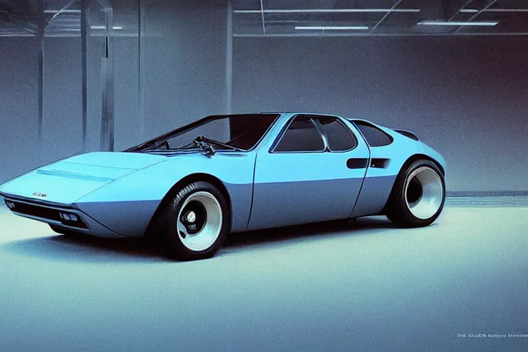 Image similar to designed by giorgetto giugiaro stylized poster of a single 1 9 6 9 amc amx / 3 miura citroen dm bmw m 1 ( ( mclaren f 1 ) ) delorean concept, thick neon lights, ektachrome photograph, volumetric lighting, f 8 aperture, cinematic eastman 5 3 8 4 film