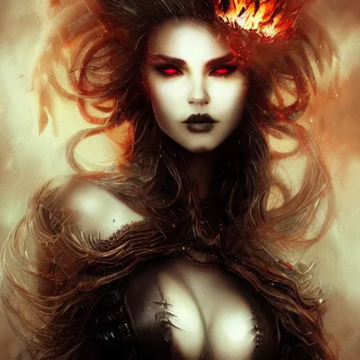 Image similar to kerli koiv as a fire queen flaming eylashes, darkwave, darksynth, concept headshot art, sharp, digital matte painting, art by luis royo, greg rutkowski, wlop, dramatic lighting, trending on artstation