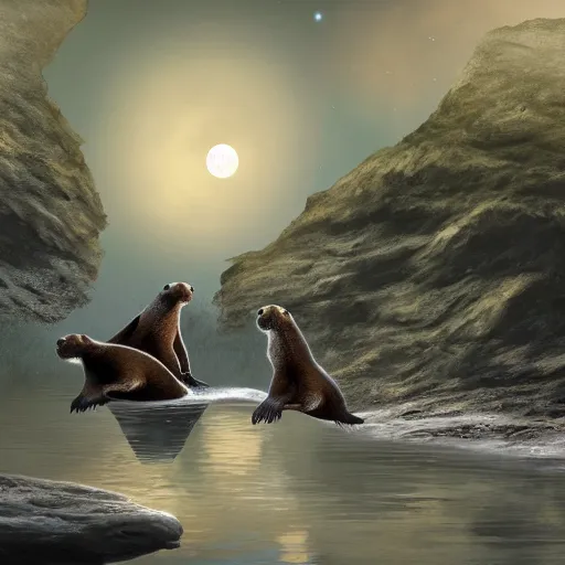 Prompt: a group of otters jumping on the moon, matte painting, concept art, detailed, 4k