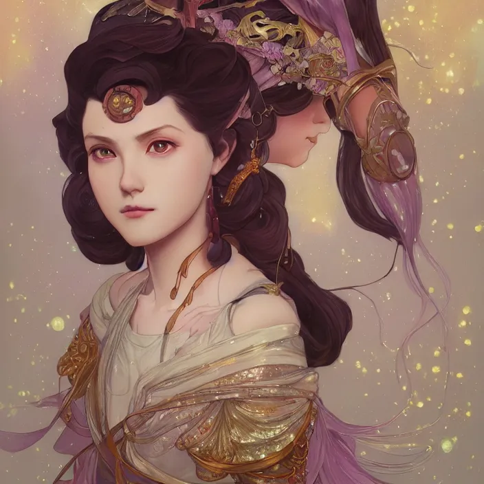 Image similar to kamado nezuko with sparkling eyes, closed up portrait, highly detailed, gold filigree, fantasy, soft cinematic lighting, award, disney concept art, watercolor illustration by mandy jurgens and alphonse mucha and alena aenami, pastel color palette, featured on artstation