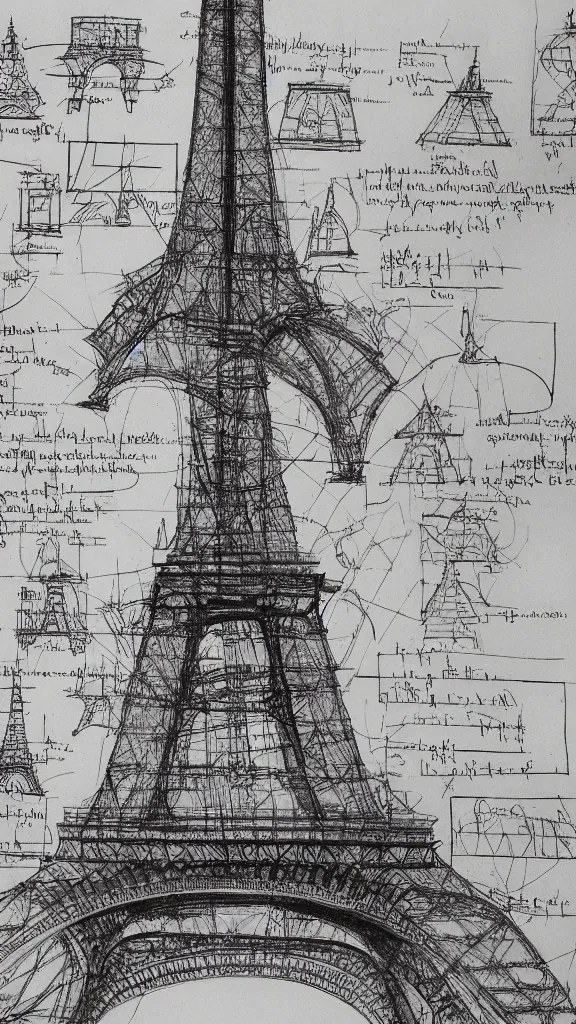 Image similar to architectural design studies of Eiffel Tower, schematics, notes, different closeup view, drawn by Leonardo da Vinci, chinese inkpen draw, artistic, intricated details