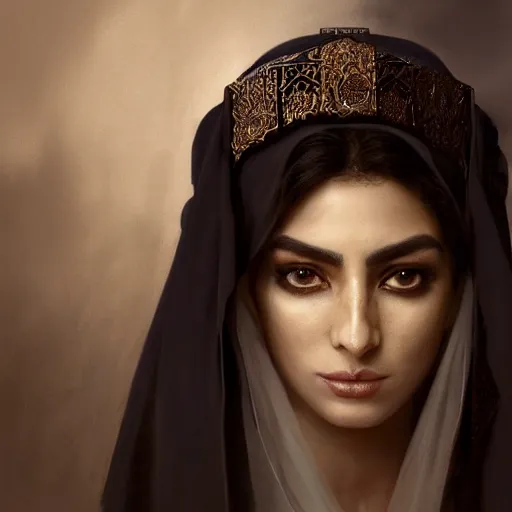 Image similar to a Photorealistic dramatic hyperrealistic render of an arab queen Esther ameera al taweel, green eyes, middle Eastern skin, eyes, black hair, white veil, with a pet lion by WLOP,Artgerm,Greg Rutkowski,Alphonse Mucha, Beautiful dynamic dramatic dark moody lighting,shadows,cinematic atmosphere,Artstation,concept design art,Octane render,8K