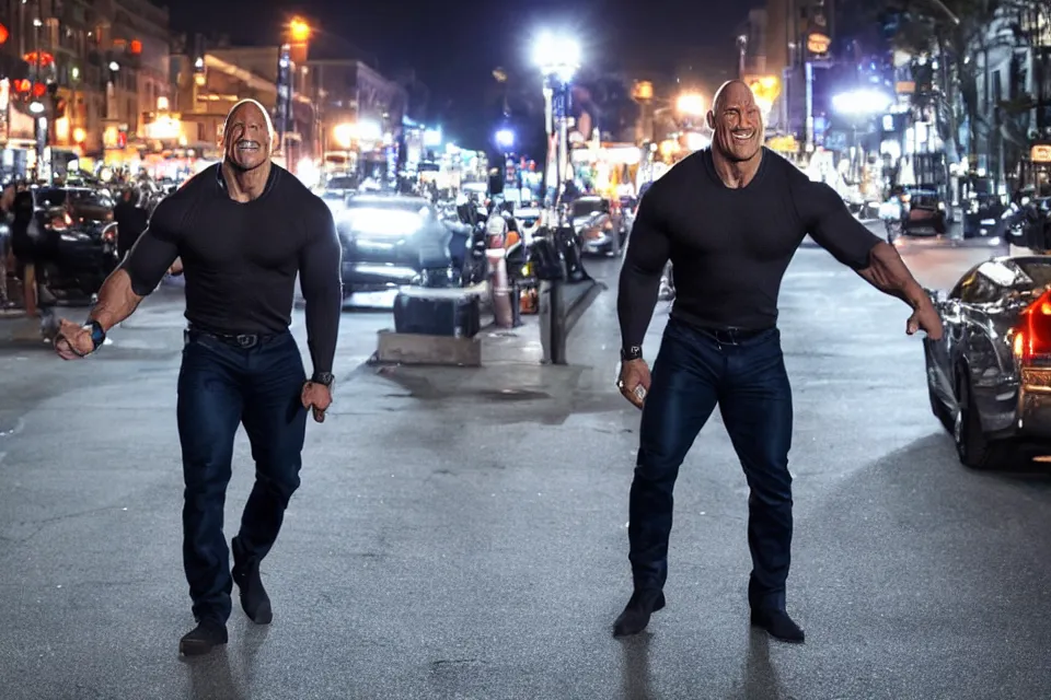 Image similar to Dwayne Johnson on the street in the night, bright lighting, high quality, ultra detailed , full body