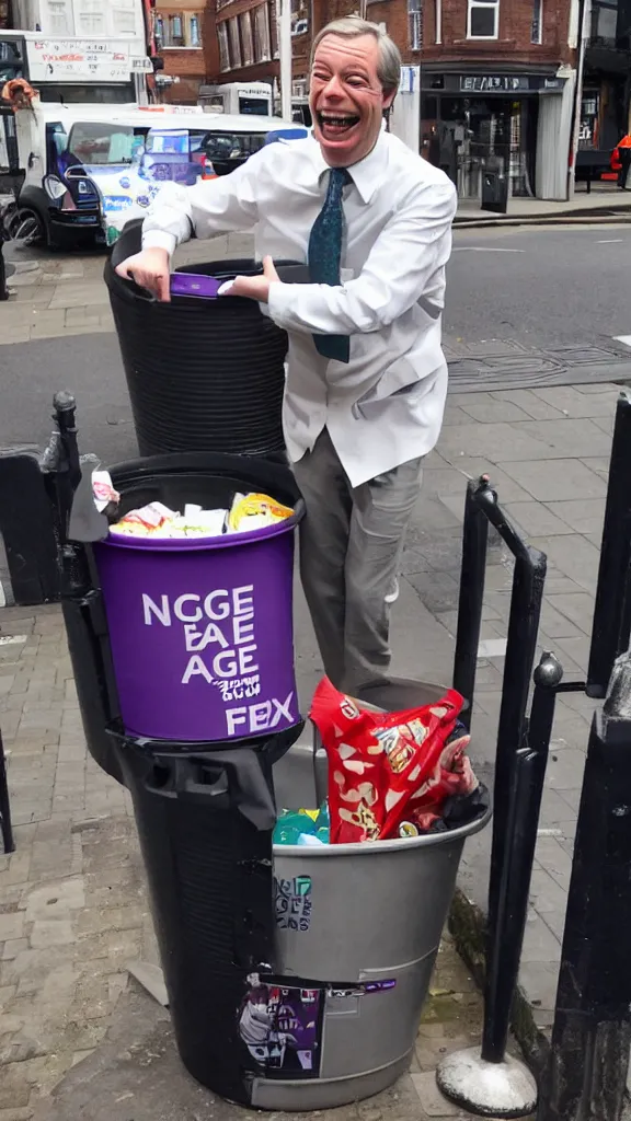 Image similar to nigel farage laughing maniacally whilst standing inside a bin on the street