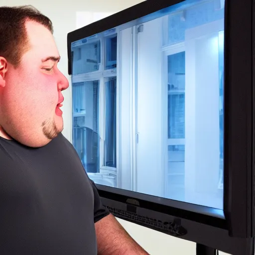 Image similar to an incredibly fat and incredibly stupid man is shocked to see his own reflection in his computer monitor, candid photo