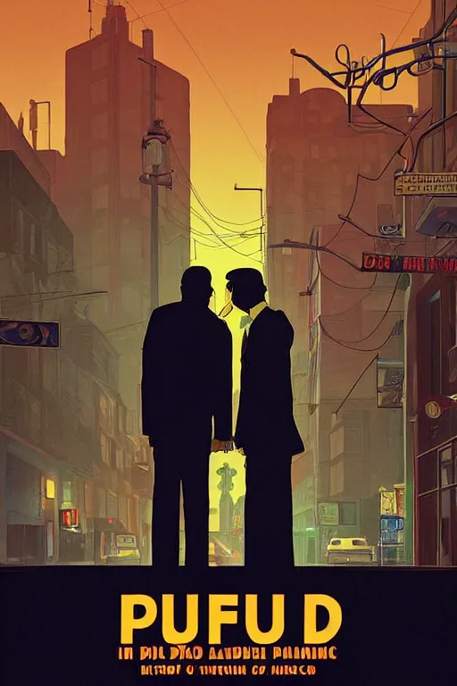 Prompt: Pulp Noir comic dynamic dutch angle Twin Peaks poster artwork by Tomer Hanuka Rendering of two lovers embrace in the long shadows cast by the streetlight in secret as a dark presence looms, full of details, by Makoto Shinkai and thomas kinkade, Matte painting, trending on artstation and unreal engine