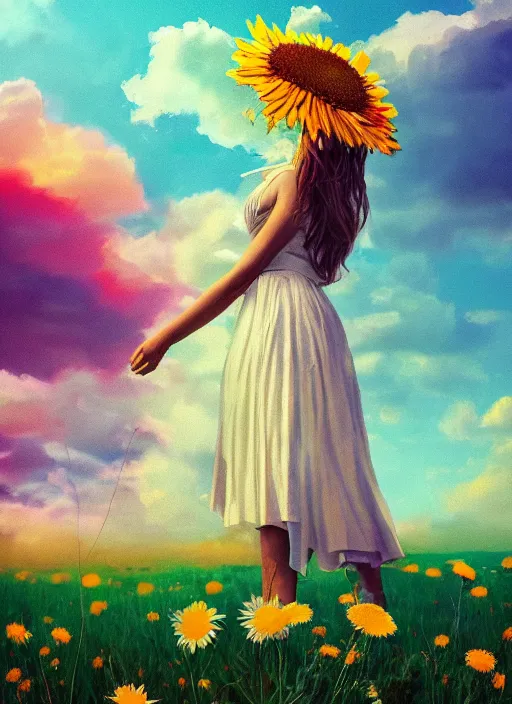 Image similar to girl face made of giant daisies, standing in a flower field, holding flowers, surreal photography, sunset dramatic light, impressionist painting, colorful clouds, large sky, digital painting, artstation, simon stalenhag