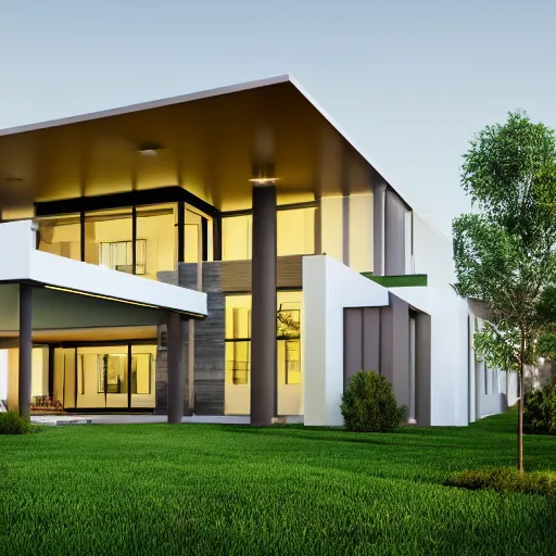 Image similar to render of a beautiful modern home designed for cozy aesthetics!, curvy natural contours, energy efficiency and maximizing plants and greenery, cg render, golden light, high resolution, professional