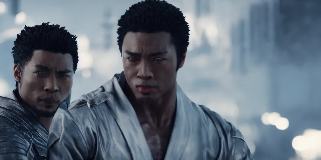 Prompt: a film still of a black man starring in a japanese blockbuster film as jin kazama from tekken, shallow depth of field, cinematic, award winning cgi, vfx, film still