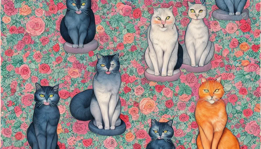 Prompt: artwork of really tall sitting cats by james jean, thick brush, 4 k resolution, floral background