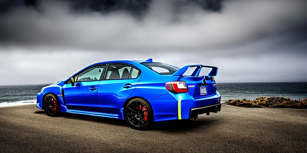 Prompt: photograph, 2015 Subaru WRX STi, cinematic, PCH, california coast, ocean view, 8k, depth of field, bokeh.