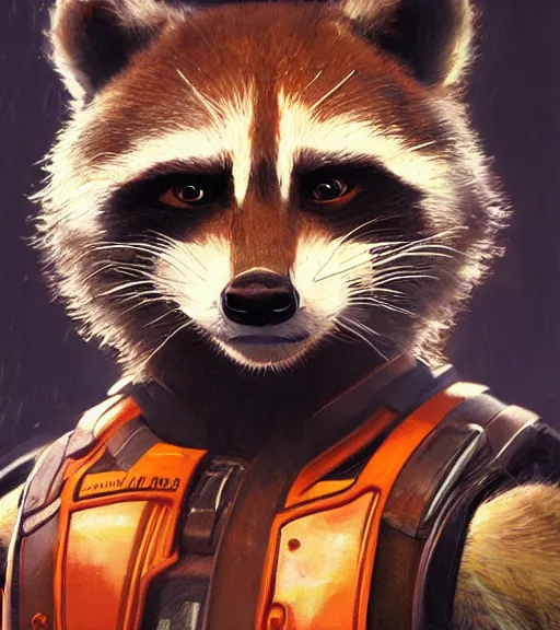 Image similar to a closeup portrait of Rocket Raccoon by Craig Mullins; extraordinary-masterpiece; realistic-lighting; anatomically-correct; 90mm; f/1.4