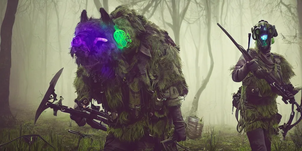 Image similar to a beautifully strange image of a gamekeeper wearing a dieselpunk mechanical fluorescent mystical animal mask with a melee weapon and bows. walking in the misty swamp. in style of fornite game. award winning. dramatic. trending on artstation. high quality. rendered by beeple, digital art, unreal engine 5, fornite game. octane render